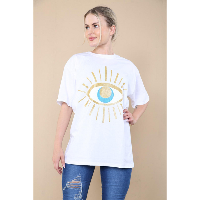 LADIES SEQUIN EYE PRINTED OVERSIZED SHORT SLEEVE T SHIRT TOP