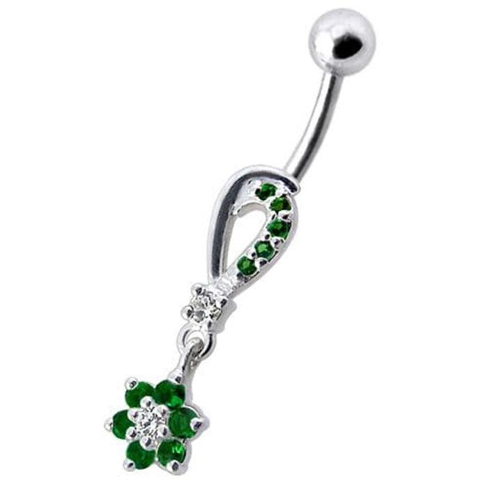 Fancy  Jeweled Dangling Flower SS Banana Belly Ring