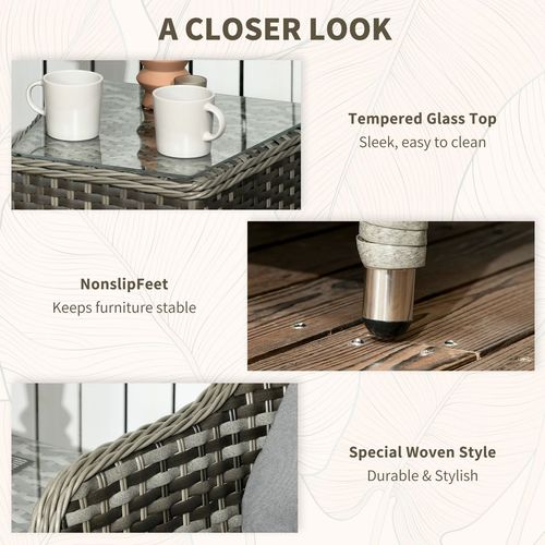 3 PCS Aluminium Rattan Bistro Set with Soft Cushions & Glass Top