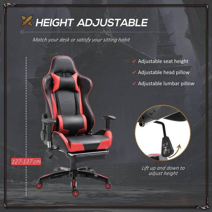 Ergonomic Gaming Chair - Reclining, Racing, Headrest, Swivel Wheels - Red