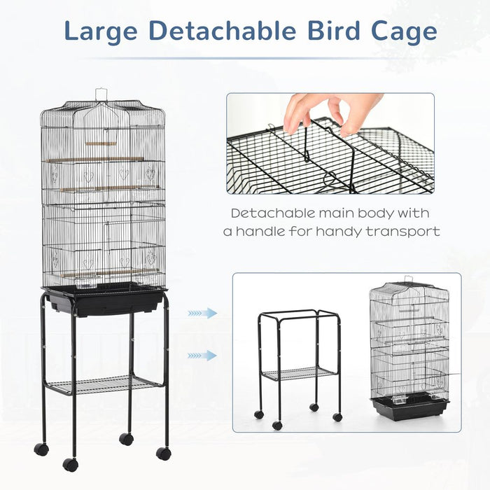 Bird Cage Metal Budgie Cages W/ Rolling Stand Slide-out Tray Storage Shelf Black