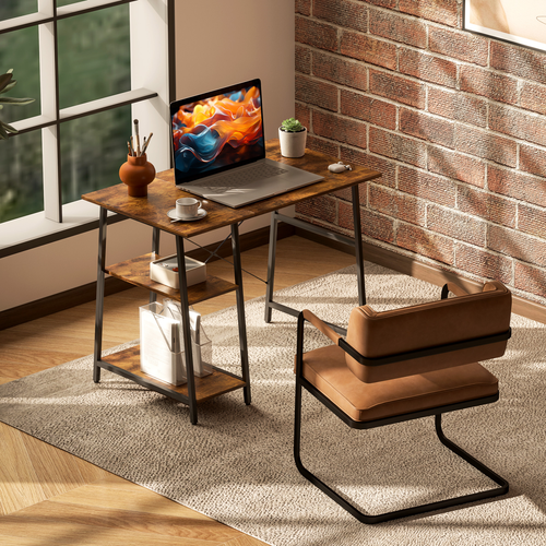 HOMCOM Computer Table Wor Desk with Shelves & Steel Frame, Rustic Brown