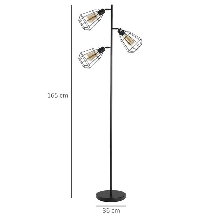 Premium Industrial Steel Birdcage Floor Lamp | 3 Lights | Round Base | Black