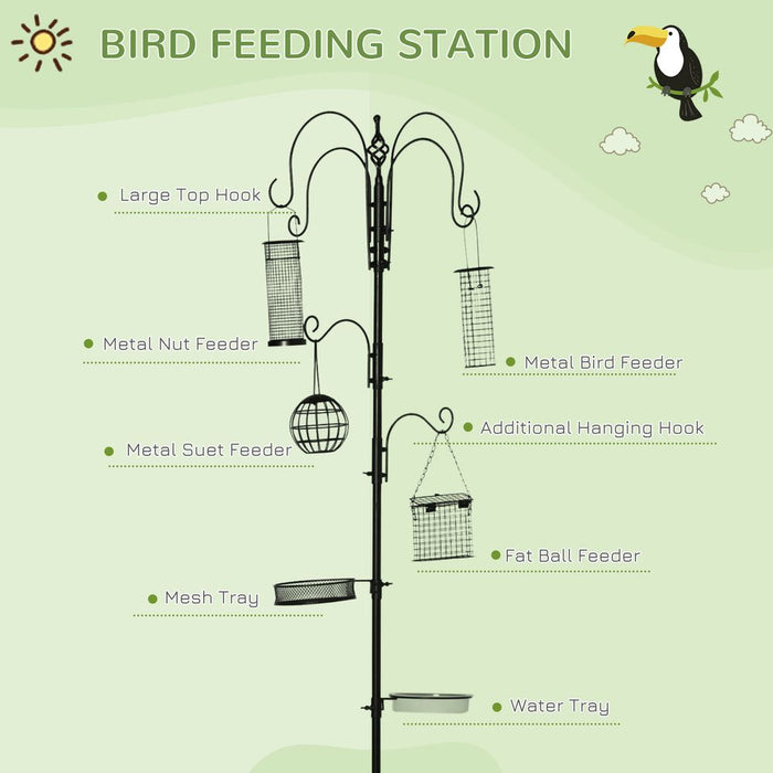 Pawhut Bird Feeding Station Kit, Wild Bird Feeder Pole with 6 Hooks, 4 Hanging Feeders for Peanuts, Seed, Fat Balls, for Garden, Outdoor, Black