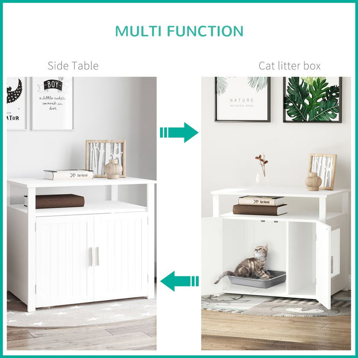 2-in-1 Cat Box Side Table - White, Magnetic Door, Quality Design