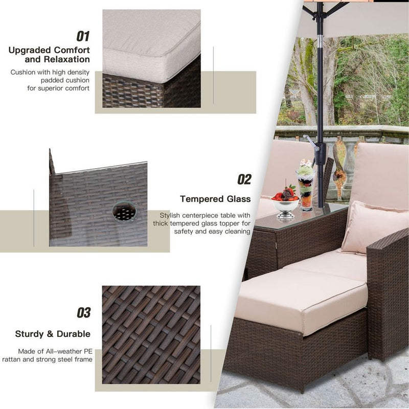 Outdoor Garden Double Rattan Sun Lounger Sofa Recliner Wicker Patio - Brown