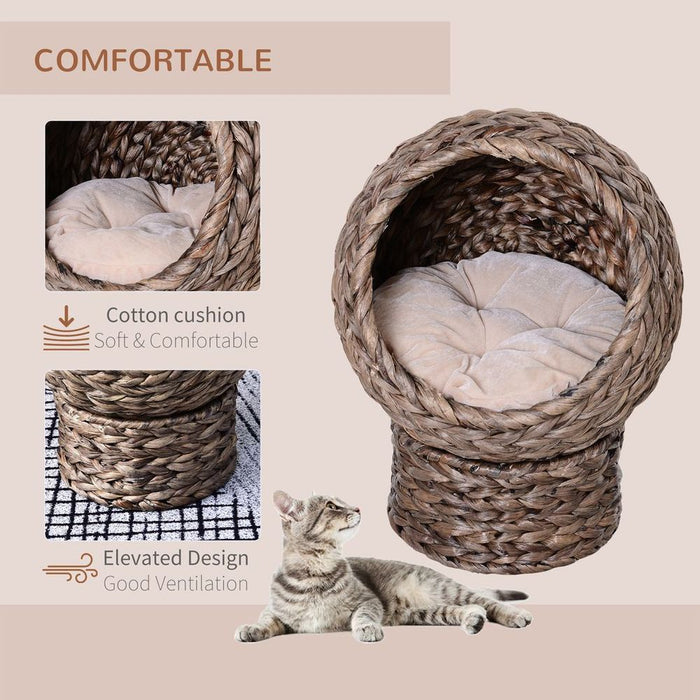 Wicker Cat House, Raised Cat Bed - Brown, 42 x 33 x 52cm. Comfortable, Stable & Durable - Removable/Washable Cushion. Free Air Circulation.