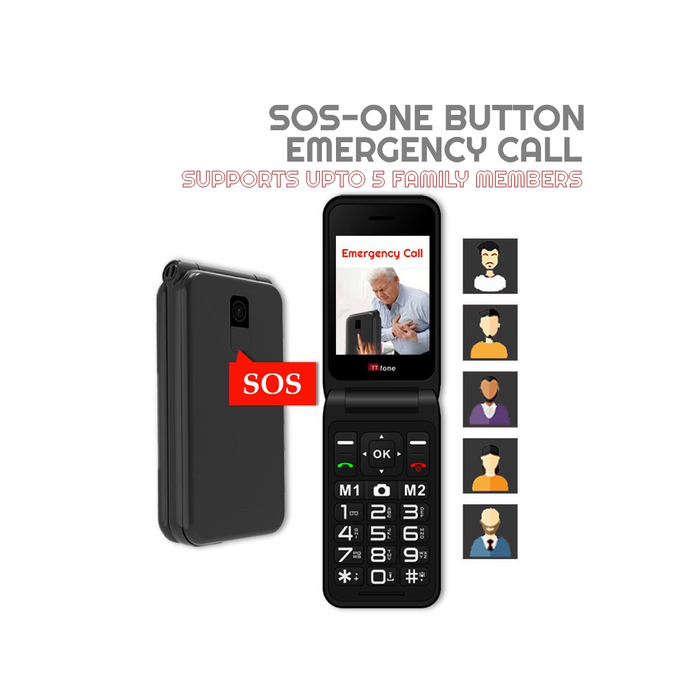 TTfone Black Flip 4G Mobile - Big Button & Emergency Button. Mains Charger & Vodafone Pay As You Go