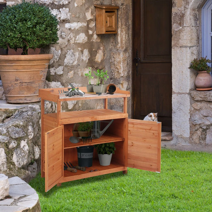 Versatile Outdoor Potting Bench Table w/ Storage Cabinet, Galvanized Top & Garden Shed, 98cm x 47cm x 105cm