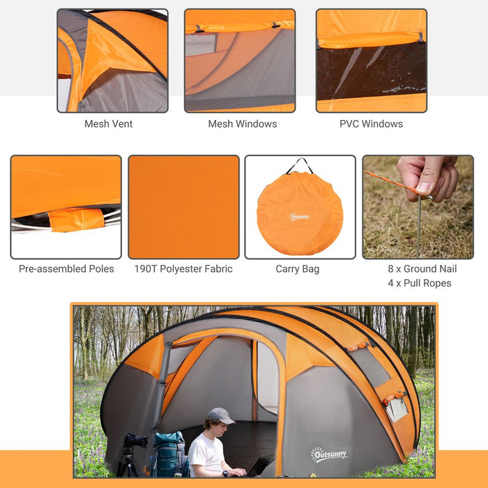 Premium Lightweight 4-5 Person Camping Tent | Pop-Up Dome with Windows | High-Quality Orange Outsunny