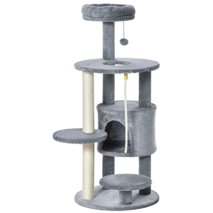 PawHut Cat Tree Tower for Indoor Cats 112cm Climbing Kitten Activity Center with Jute Scratching Post Perch Hanging Ball Toy Teasing Rope Dark grey