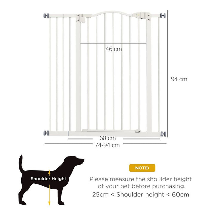 PawHut Adjustable Metal Pet Gate, Auto-Close Door - 74-94cm, White