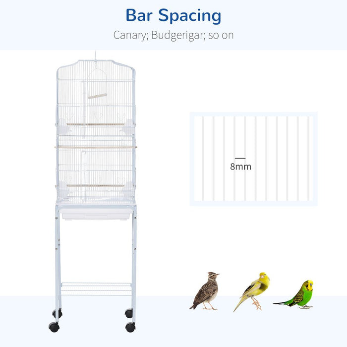 PawHut Bird Cage Budgie Cages for Finch Canary Parakeet with Stand Wheels Slide-out Tray Accessories Storage Shelf, White 46.5 x 36 x 157 cm