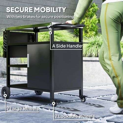 Outsunny Stainless Steel Outdoor BBQ Trolley with Folding Side table, Black
