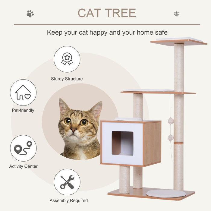 PawHut Wood Cat Tree Scratching Post for Indoor Cats Kitten House Condo Activity Center w/Cushion Hanging Toy Multi-level