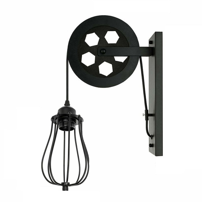 Retro Industrial Pulley Wheel Wall Light Fixture Metal Cage Indoor Light