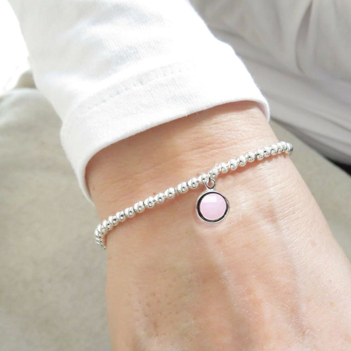 October Birthstone Beaded Bracelet - Pale Pink, Silver Plated