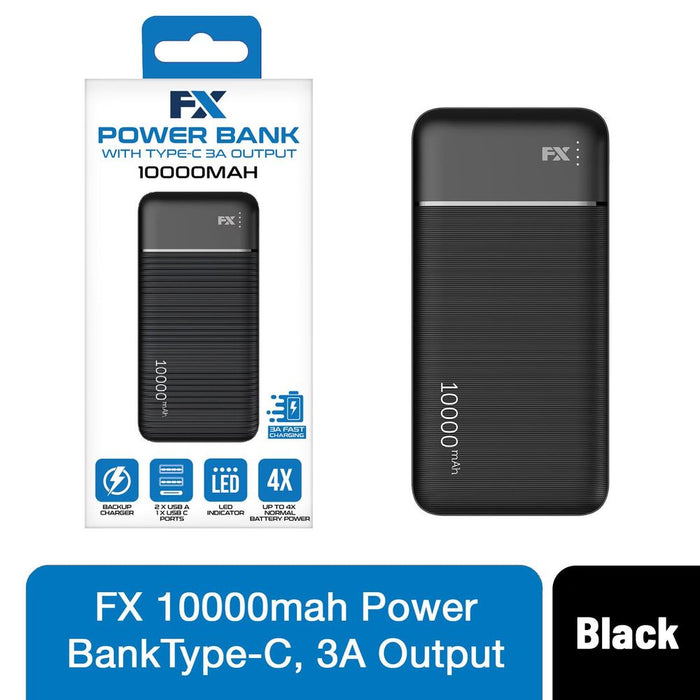 FX 10,000mAh Powerbank - Type-C 3A Output - Black