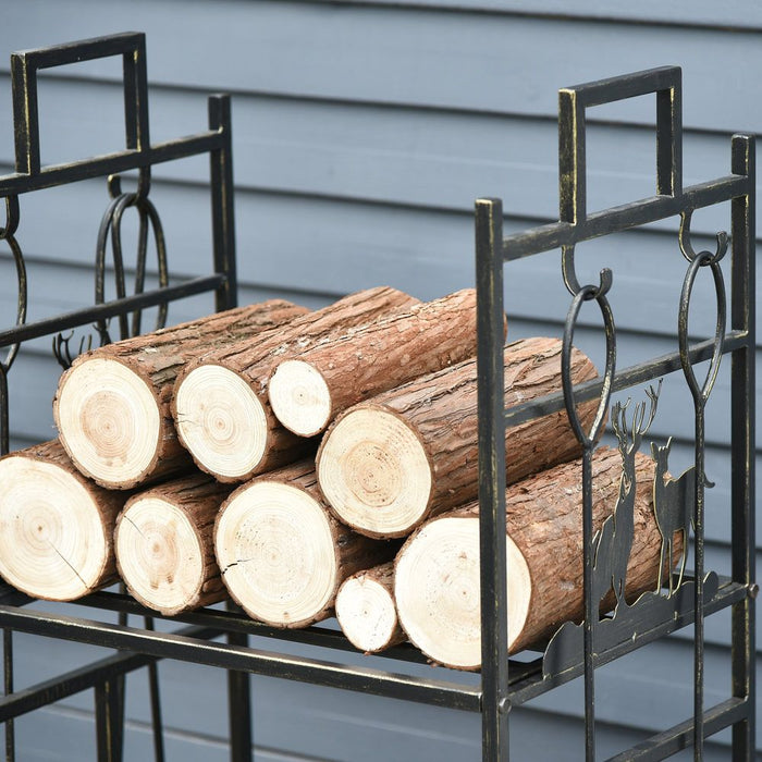 2-Layer Heavy Duty Firewood Rack Wood Log Fireplace Stacker  w/ 4 Tools, Gold