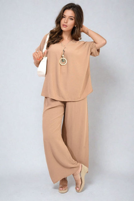 Effortlessly Chic V-Neck Top & Wide Leg Trousers Set - Premium Quality - Various Sizes & Colors