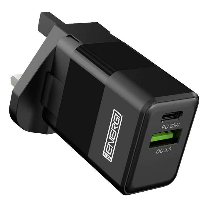 Tech Energi 38W USB-A (QC 18W) USB-C (PD 20W) UK Mains Charger - Black. Lifetime Warranty. High-performance portable charger.