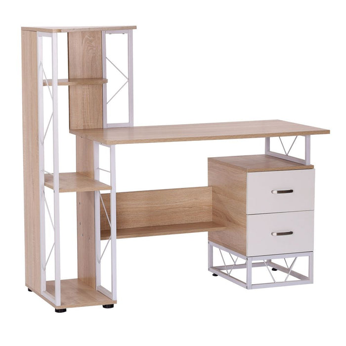 Premium Oak/White Writing Desk - 2 Drawers & Multi-Shelves - Perfect for Home and Office Use