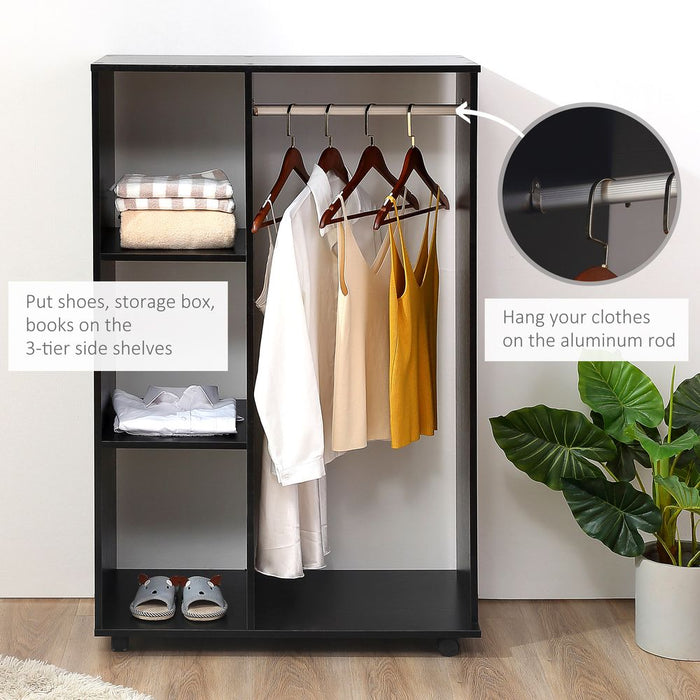 Space-Saving Rolling Open Wardrobe w/ Hanging Rail & Storage Shelves, Black - High Quality