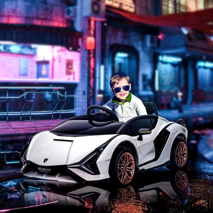 HOMCOM Lamborghini Sian Licensed 12V Kids Electric Ride On Car 2 Motors Toy Car with Remote Control Music Lights MP3 for 3-5 Years White