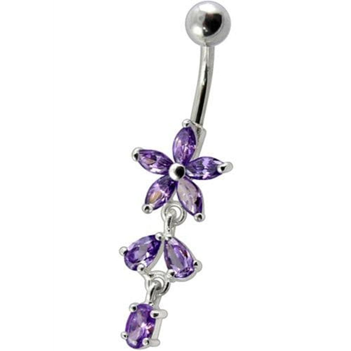 Fancy Non Moving Silver Flower Dangling SS Bar Belly Ring