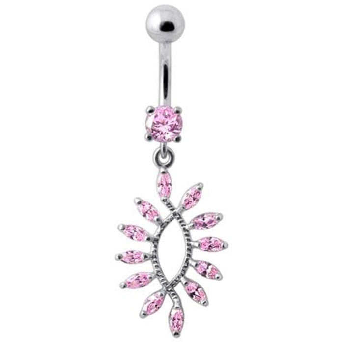 Silver Jeweled Dangling SS Curved Bar Belly Ring Body Jewelry