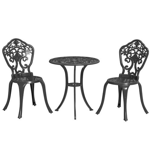 Outsunny 3 PCs Cast Aluminium Bistro Set w/ Parasol Hole for Balcony, Black