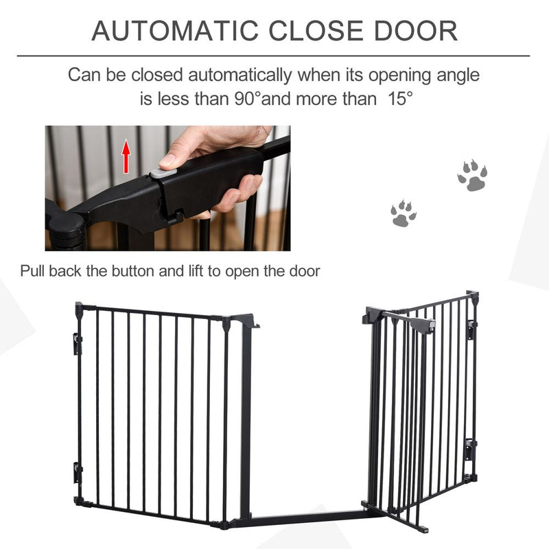 PawHut Pet Safety Gate 3 Panels Playpen Metal Fence with Walk Through Door Black