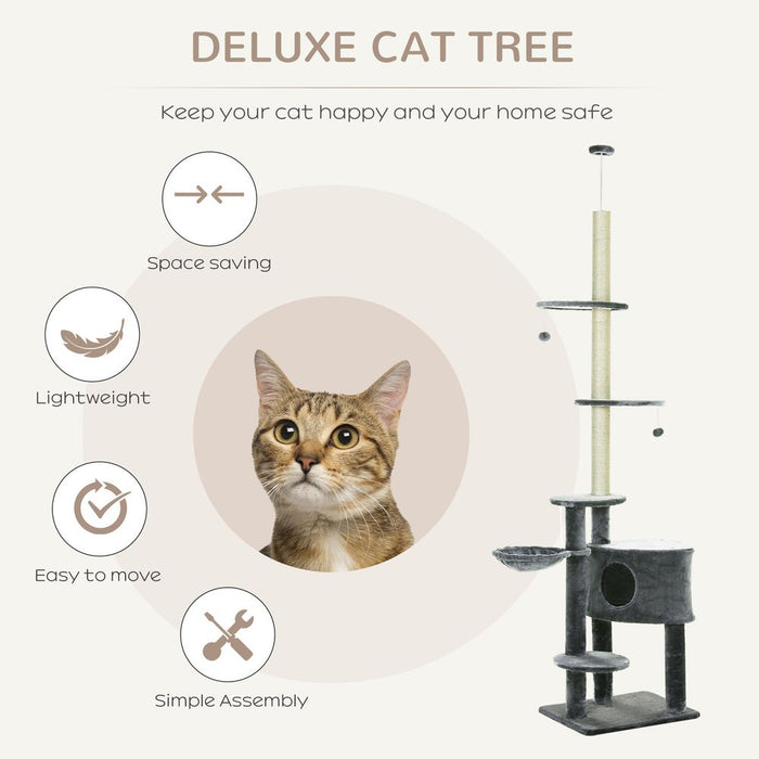 Premium 5-Tier Grey Sisal Cat Tree Tower with Scratching Posts - Keep Your Feline Friends Entertained and Happy!