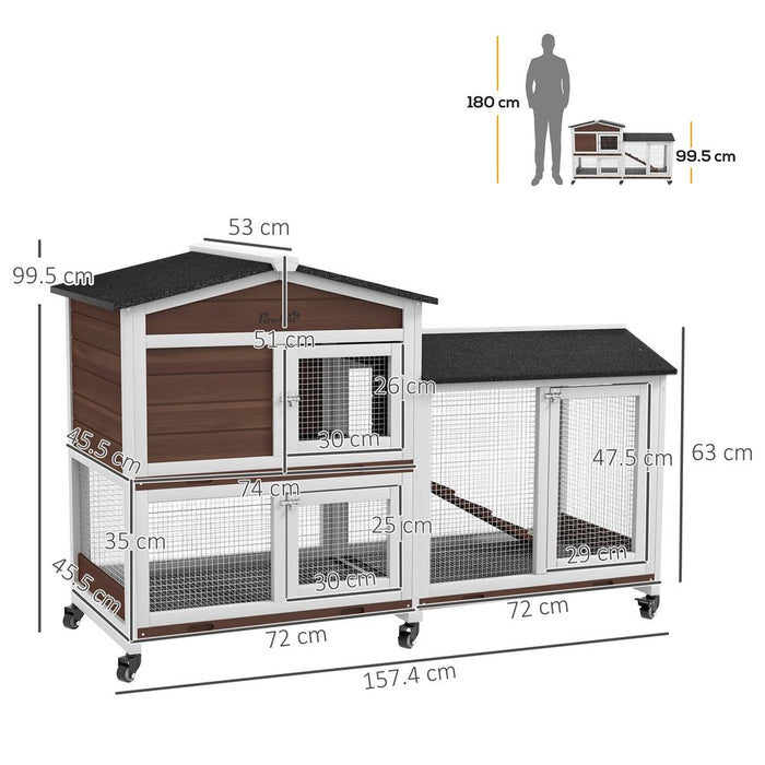 Premium PawHut Wooden Rabbit Hutch w/ Wheels, Run, Ramp - High-Quality, Spacious Brown Cage for Rabbits & Guinea Pigs