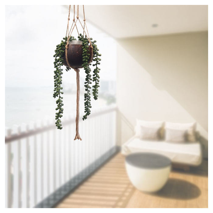 Vie Naturals Coconut Shell Pot Holder with Jute Macrame Rope for Hanging - Eco-Friendly & Sturdy - Brown