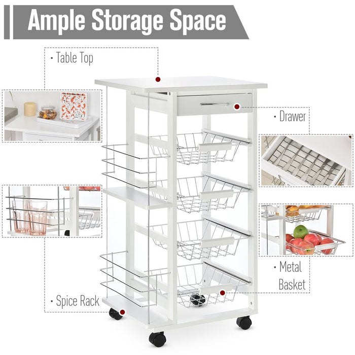 Compact White Kitchen Island Trolley - Multifunctional Storage Cart with Metal Baskets & Wheels