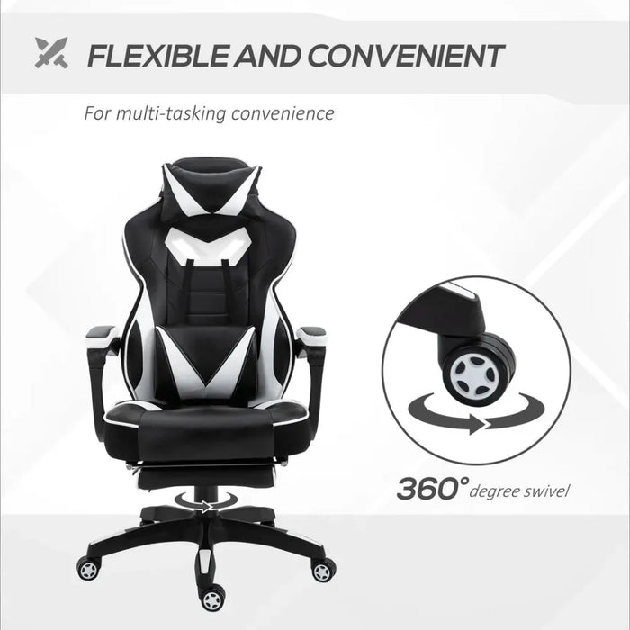 Gaming Chair Ergonomic Reclining w/ Manual Footrest Wheels Stylish Office White