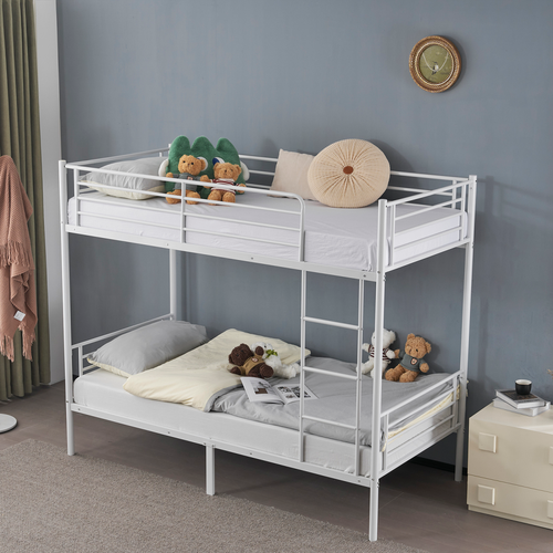 Twin Over Twin Bunk Bed for Kids Teens Adults, Heavy Duty Metal Bunk Bed with Ladder & Full-Length Guard Rail & Storage Space, White