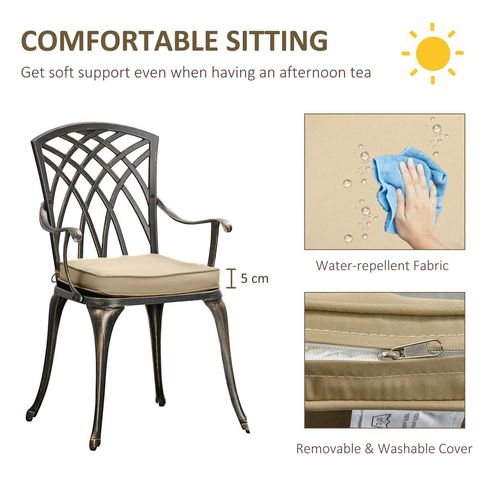 3Pc Cast Aluminium Garden Bistro Set for 2 Parasol Hole, Cushions Bronze