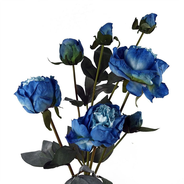 55cm Blue Peony Artificial Flowers Spray - 4 Flowers 3 Buds