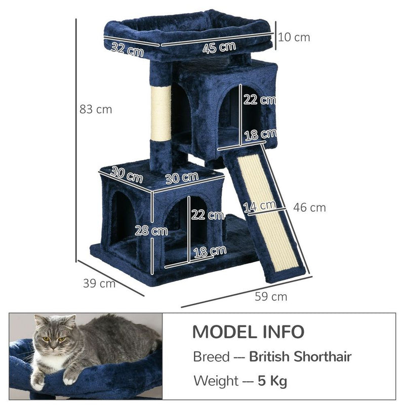 PawHut Luxury Cat Tree - Rest, Play, Scratch, & Sleep - 2 Houses, Perch, Scratching Post - Navy Blue