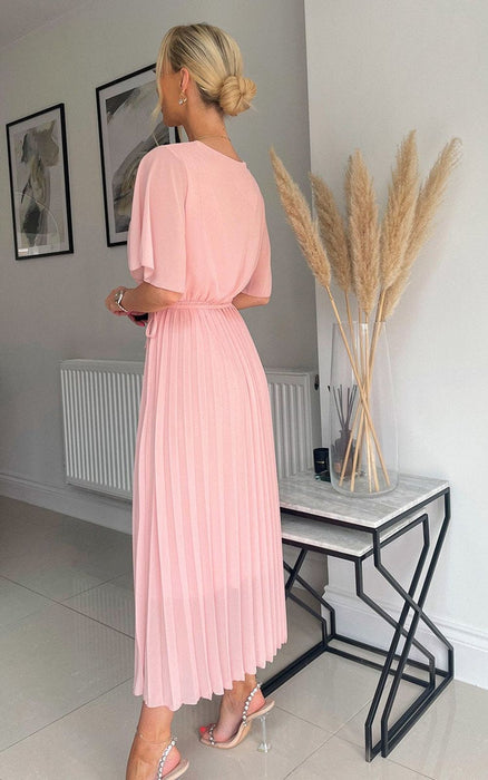 Pleated Wrap Front Maxi Dress - Elegant, Comfortable, Navy - Perfect for Special Occasions - ikrush