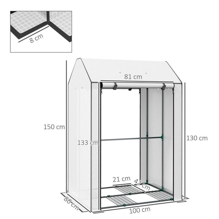 Outsunny Mini Greenhouse w/ Shelves & Roll Up Door, 100x80x150cm, White - UV Resistant, Ventilated