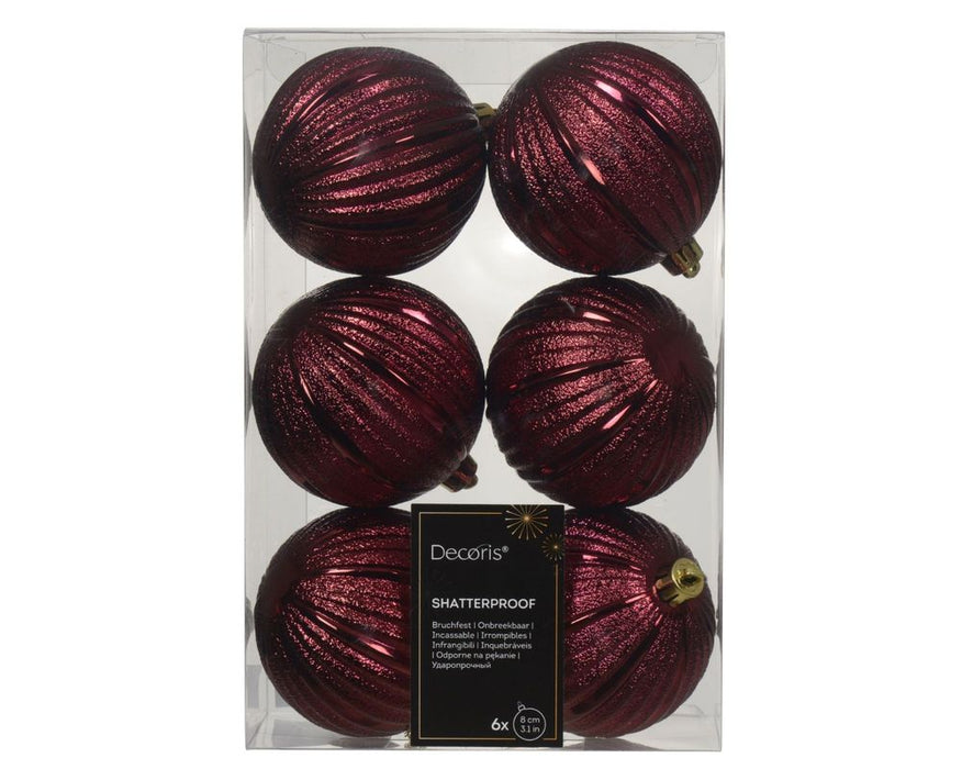 Shatterproof Ridge Bauble Deep Red  8cm Pack of 6 - Christmas