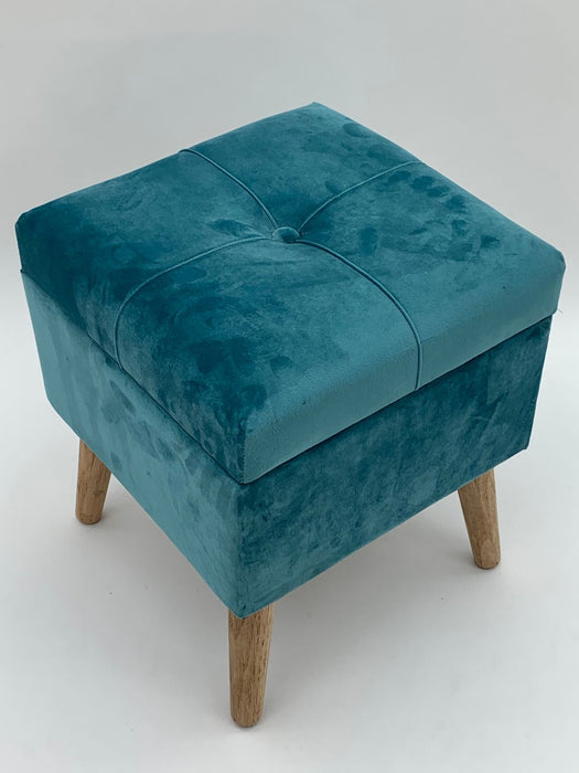 Velvet Footrest Trunk - Blue | Storage Compartment, Wooden Legs