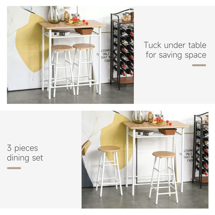 3Pc Bar Height Dining Set: White Oak; 3-Piece Kitchen Furniture for Small Spaces; Steel Frame; High-Quality MDF Tops