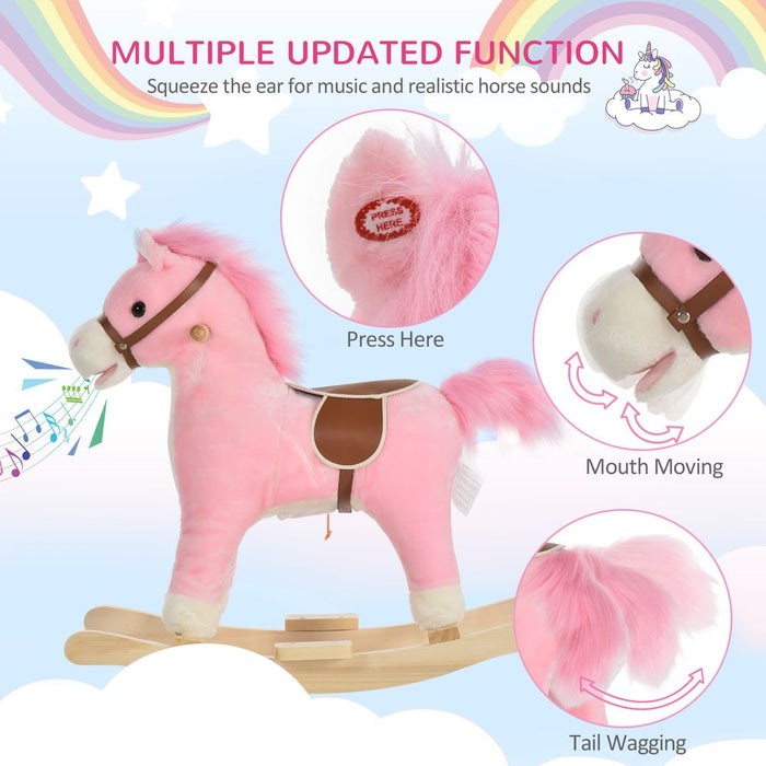 High-Quality Kids Plush Rocking Horse w/ Moving Mouth & Tail Sounds - Pink HOMCOM