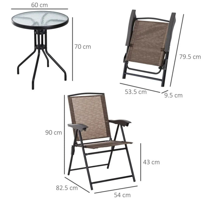 3 PCS Patio Furniture Bistro Set | Folding Chairs | Tempered Glass Table | Brown