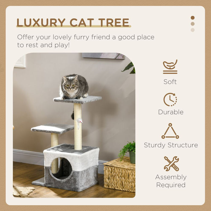 PawHut Cat Tree - Sisal Scratching Posts, House, Perches, Toy Mouse - Grey