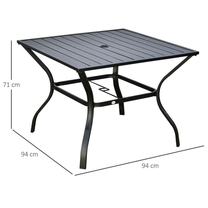 Outsunny Garden Table with Parasol Hole for Four, Slatted Metal Plate Top